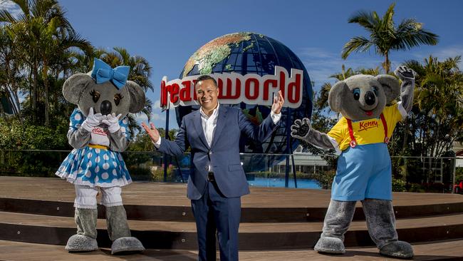 Dreamworld Chief Operating Officer, Greg Yong, and Dreamworld mascots Kenny and Belinda. Picture: Jerad Williams