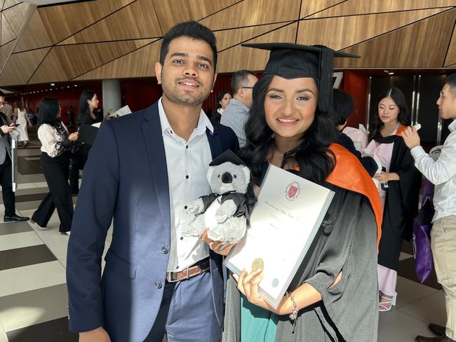 Nethmi Fernando, with Lahiru Wijesinghe, graduates from Australian Catholic University with a Bachelor of Nursing on April 16, 2024. Picture: Brittany Busch