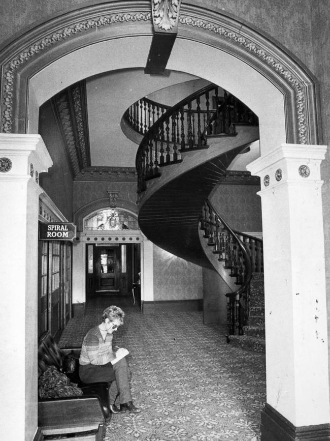 The magnificent freestanding cedar and pine staircase in the Newmarket Hotel in 1985