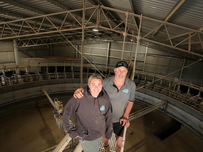 Justin &amp; Stace Staley in their rotary dairy at Yarram. Picture: Yuri Kouzmin