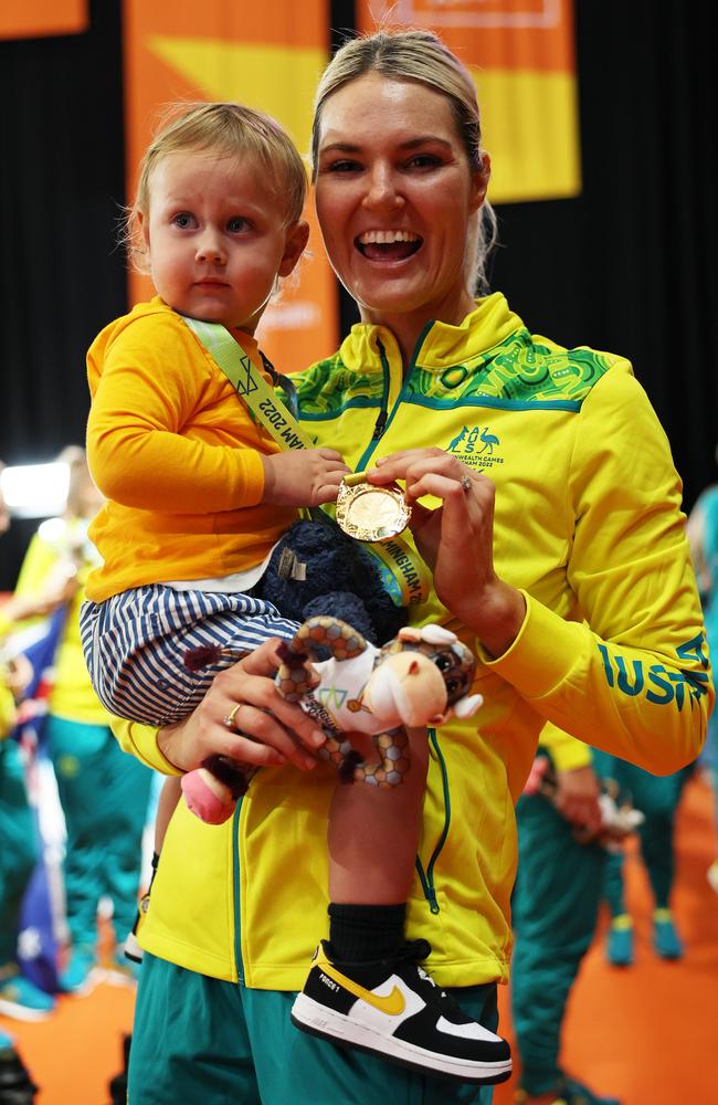 Gretel Bueta poses for a photo with her son Bobby during the Netball Medal Ceremony on day ten of the Birmingham 2022 Commonwealth Games. Picture: Matthew Lewis/Getty Images