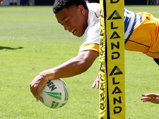 NRL Schoolboy Cup semi finals - Patrician Bros v Endeavour at Bankwest Stadium in Parramatta. Patrician Bros Sione Lino scores a try to help seal the 32-24 win. Picture: Toby Zerna