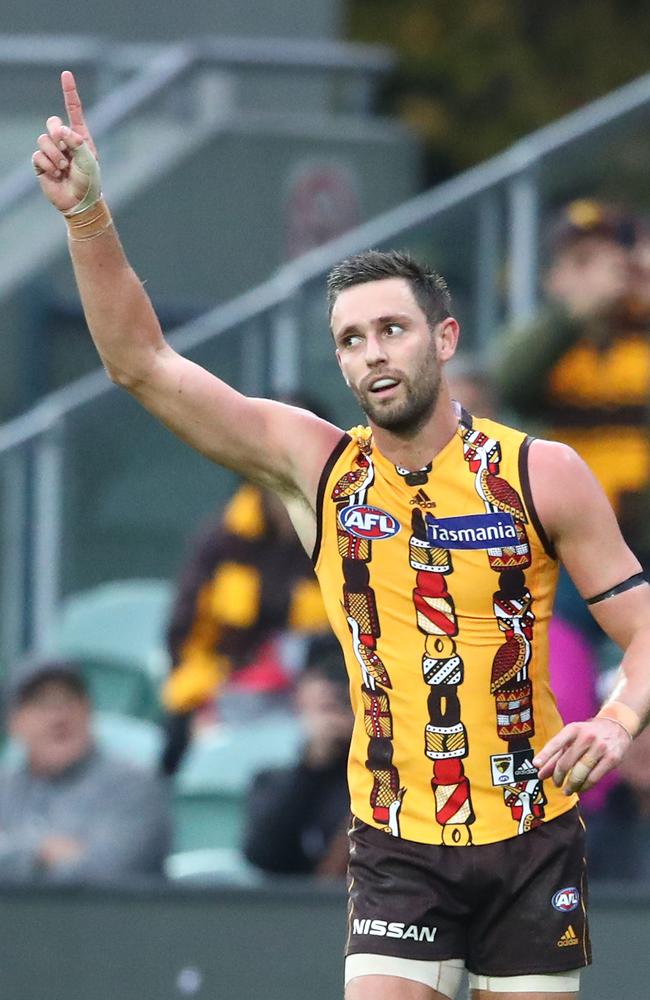 Jack Gunston celebrates one of his six goals in Hawthorn’s victory over Port Adelaide. Picture: Scott Barbour/Getty Images.