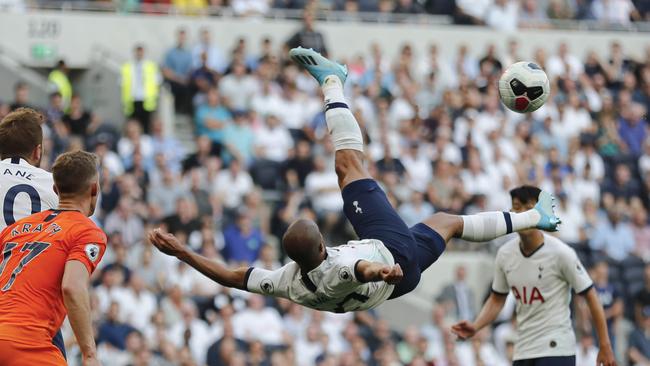 Tottenham's Lucas Moura tries to score with a bicycle kick for Tottenham Hotspur aagainst Newcastle United. Picture: AP Photo/Frank Augstein