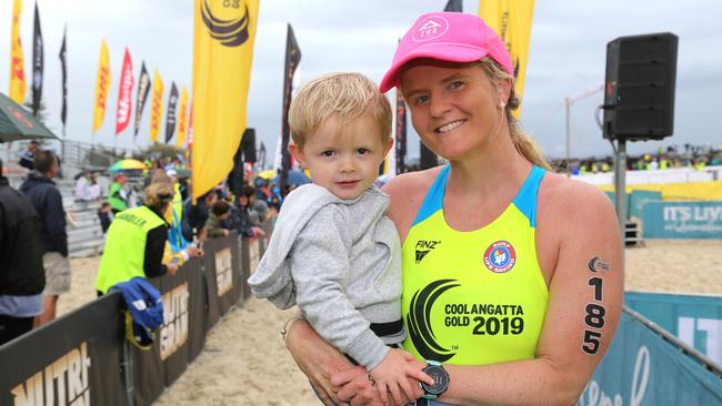 Surf mum Rachel Crerar and son Ryan at the end of her race on Sunday. Pic: HarvPix.