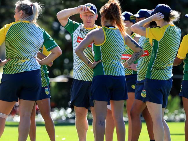 Coach Brad Donald talks to the Jillaroos at training. Picture: Adam Head