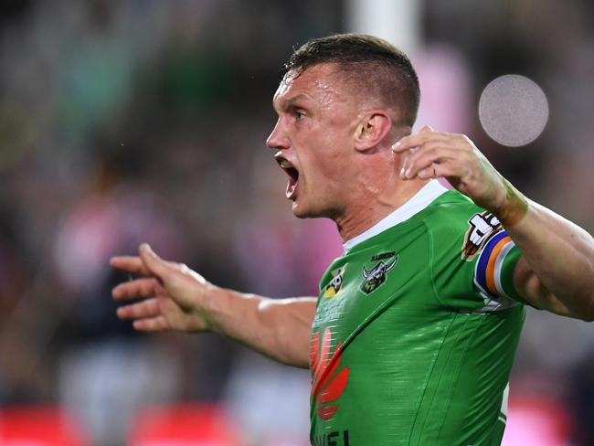 Jack Wighton of the Raiders celebrates his try during the 2019 NRL Grand Final between the Canberra Raiders and the Sydney Roosters at ANZ Stadium in Sydney, Sunday, October 6, 2019. (AAP Image/Dean Lewins) NO ARCHIVING, EDITORIAL USE ONLY