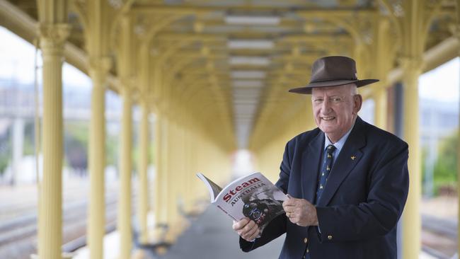 Tim Fischer and his new Steam Locomotion book at Albury railway station. Picture: Zoe Phillips