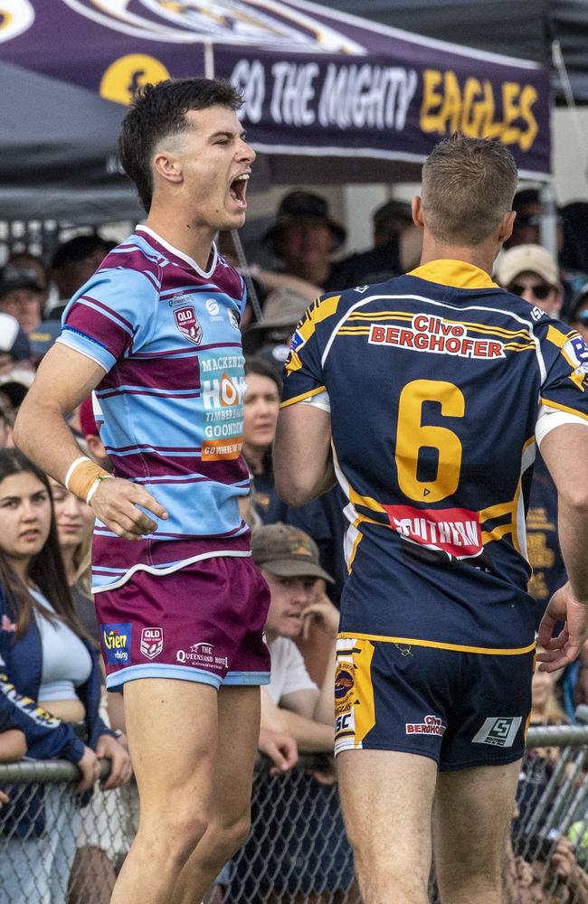 David Armstrong celebrates his try for Goondiwindi. Highfields vs Goondiwindi. 2021 Hutchinson Builders Cup A Grade final. Sunday, September 19, 2021. Picture: Nev Madsen.