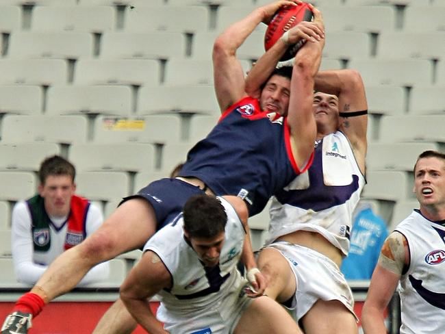 Russell Robertson flies high for a mark against Fremantle.