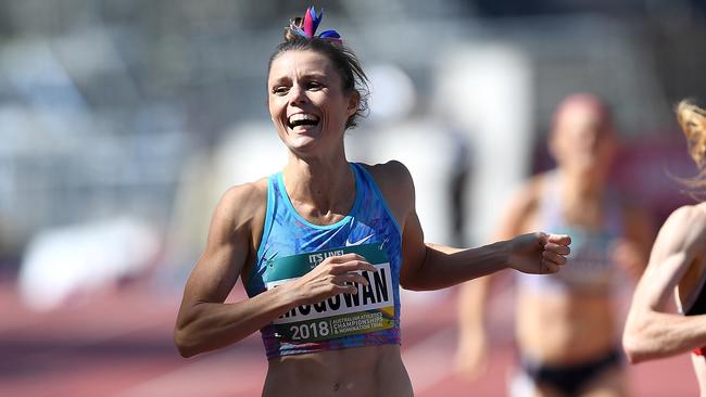 Brittany McGowan celebrates winning the final of the women's 800m during the Australian Athletics Championships.