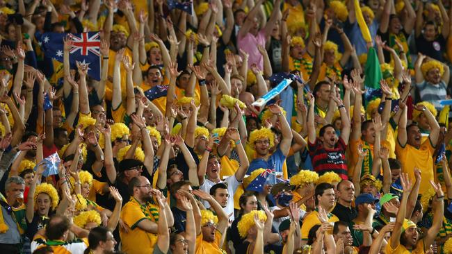 Socceroos fans get into the wave against Oman.