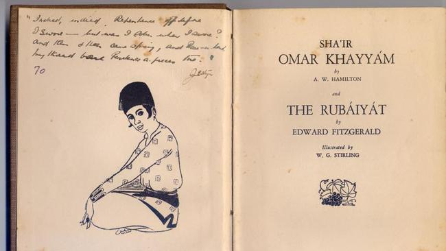 The front pages of the Rubaiyat found in the doctor’s car, with an inscription by Jo Thomson — signed as Jestyn, which was one name by which she was known.