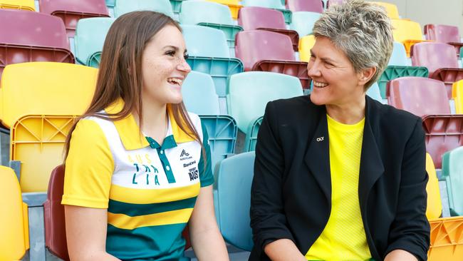 Australian Olympic champion Natalie Cook chats with teenage BMX star Holyee Jackson about her new program which will help fund Olympic athletes. Picture: Jasmine Ellem