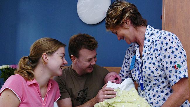 n45Deanna and Alan Henderson with baby daughter Tayen and Mary Little, Manager of Maternity Services at Bacchus Marsh Hospital. Picture: Kris Reichl