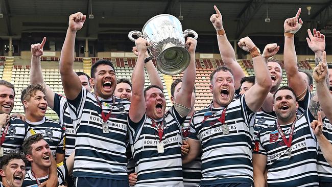 27/8/23: Brothers celebrate their victory after the Wests vs. Brothers match, QRU club Premier Rugby Grand Final, at Ballymore, Brisbane. pic: Lyndon Mechielsen/Courier Mail