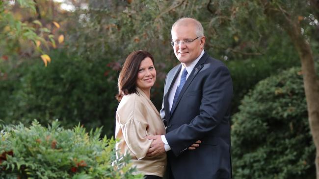 Prime Minister Scott Morrison and his wife Jenny, on the grounds of The Prime Minister’s Lodge in Canberra. Picture: Alex Coppel. 