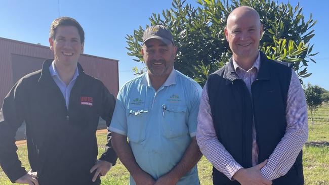 Minister for Water Glenn Butcher, local grower Dean Akers and Bundaberg MP Tom Smith spoke to media at the announcement at Akers Farm in Bundaberg.