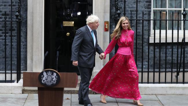 Boris Johnson and wife Carrie outside 10 Downing Street in central London on Tuesday. Picture: AFP