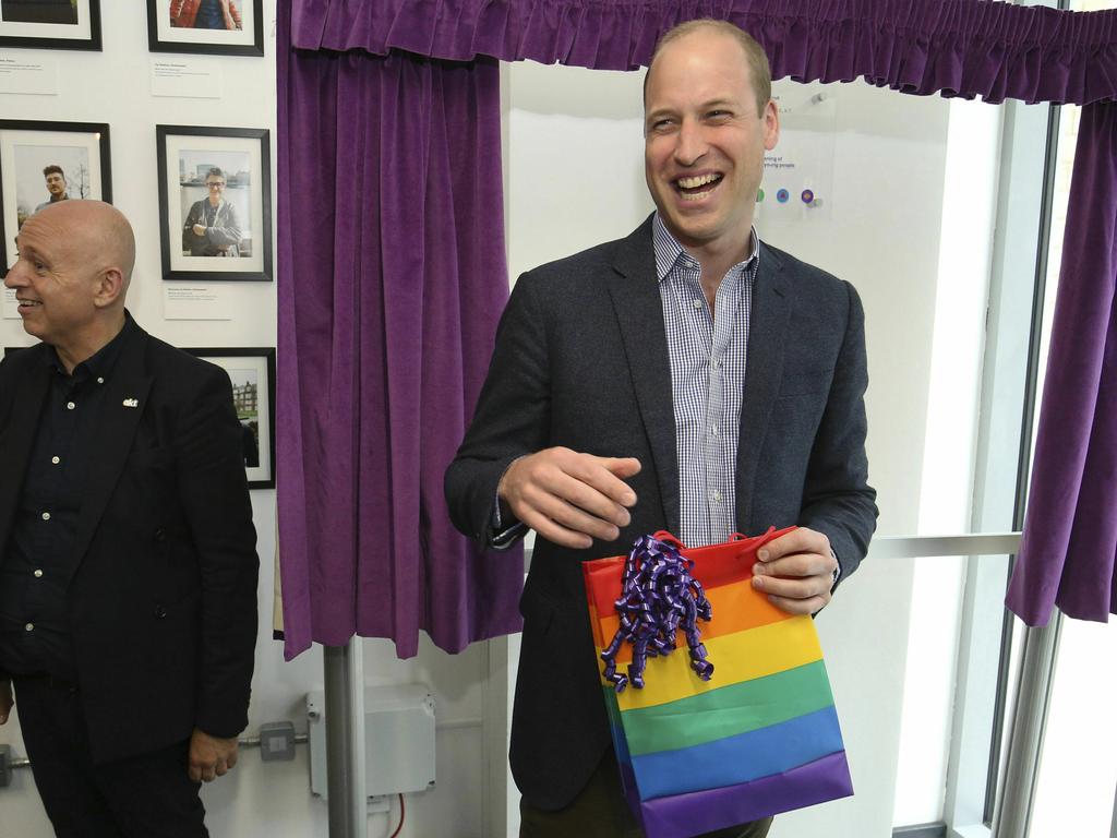 Britain's Prince William, the Duke of Cambridge, was all smiles at a public event tackling the issues of LGBTQI youth homelessness. Picture: Jonathan Brady/AP