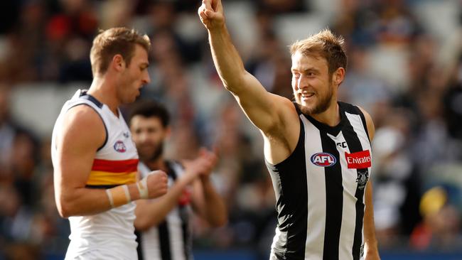 Ben Reid celebrates one of his two goals against the Crows last week. Picture: Getty Images