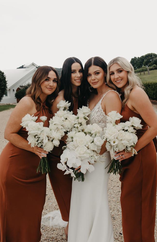 Bree Tobler with bridesmaids Kyarra Stewart, Cassidy Lipins, Jasmin McDougall. Photo: Courtney, Black Palm Collective