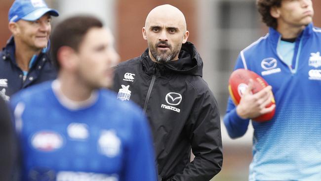 North Melbourne interim coach Rhyce Shaw oversees his first training session at Arden St. Picture: AAP