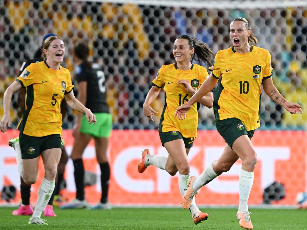 The Matildas were all smiles after Emily Van-Egmond scored. Picture: Bradley Kanaris/Getty Images