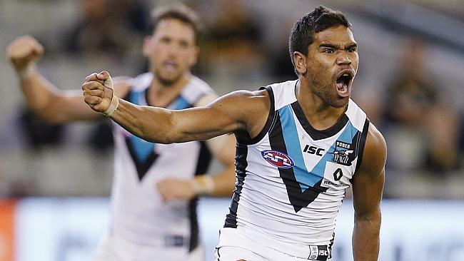 Jake Neade celebrates a goal for Port Adelaide. Picture: Michael Klein.