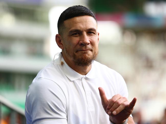 SAINT-ETIENNE, FRANCE - SEPTEMBER 17: Former player Sonny Bill Williams during the Rugby World Cup France 2023 match between Australia and Fiji at Stade Geoffroy-Guichard on September 17, 2023 in Saint-Etienne, France. (Photo by Chris Hyde/Getty Images)