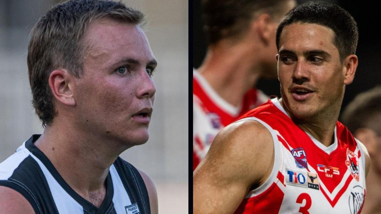 Palmerston's Jonty Patrick and Waratah's Brodie Carroll ahead of their Round 2 encounter of the 2024-25 NTFL season. Picture: Pema Tamang Pakhrin