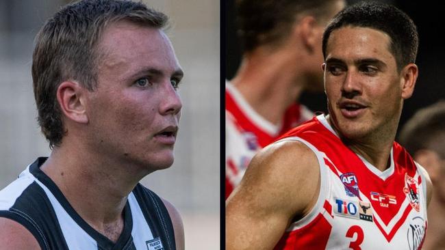 Palmerston's Jonty Patrick and Waratah's Brodie Carroll ahead of their Round 2 encounter of the 2024-25 NTFL season. Picture: Pema Tamang Pakhrin