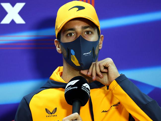 BAHRAIN, BAHRAIN - MARCH 18: Daniel Ricciardo of Australia and McLaren talks in the Drivers Press Conference before practice ahead of the F1 Grand Prix of Bahrain at Bahrain International Circuit on March 18, 2022 in Bahrain, Bahrain. (Photo by Clive Rose/Getty Images)