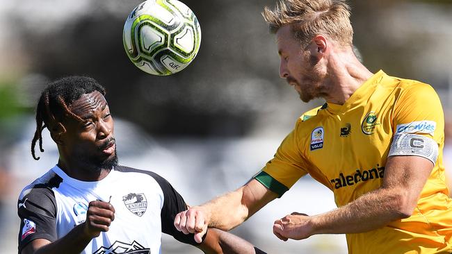 Victor Anyimba of Para Hills (left) during the Knights’ NPL SA clash with Cumberland United earlier this season. Picture: AAP/Mark Brake