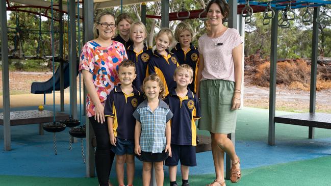 Rainbow Beach State School Prep 2023 - Back row: Evie, Azaleah, Hannah and Damon. <br/>Front row: Mrs Megan Braunberger (teacher) Beau, Joey, Cooper and Mrs Samantha Permezel (teacher aide). Picture: Christine Schindler