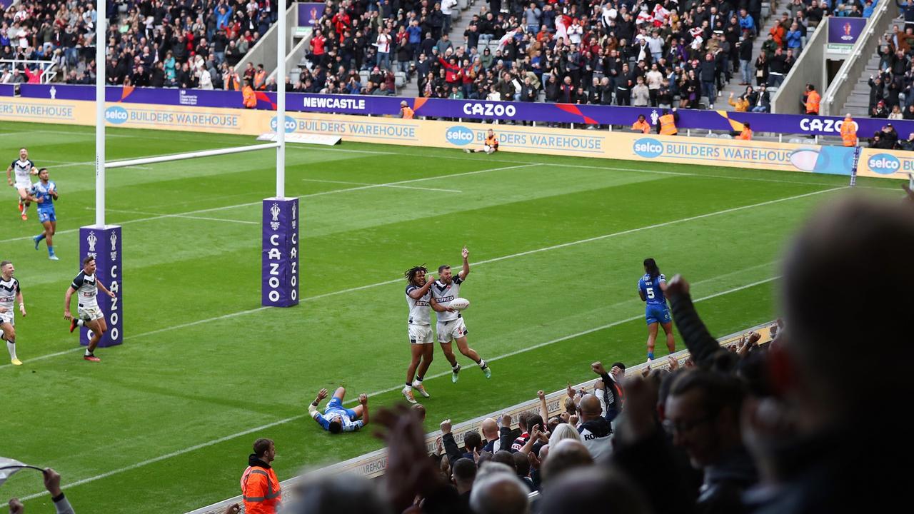 This picture from the RLWC match between England and Samoa at St. James Park shows the thin margin between the dead ball line and the advertising hoardings. Picture: George Wood/Getty Images for RLWC