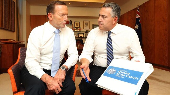 Then Prime Minister Tony Abbott with his Treasurer Joe Hockey in the Prime Ministers office chatting about the 2014 Budget. Picture: Gary Ramage.