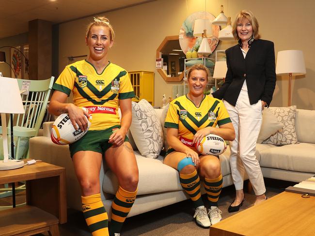 Harvey Norman CEO Katie Page with Jillaroos duo Sam Bremner and Ruan Sims. Picture: Brett Costello