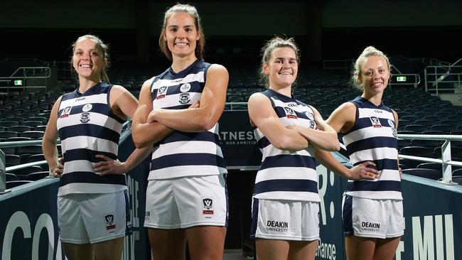 Geelong VFLW footballers (from left) Anna Teague, Maddie Boyd, Lily Mithen and Renee Garing. Picture: Peter Ristevski