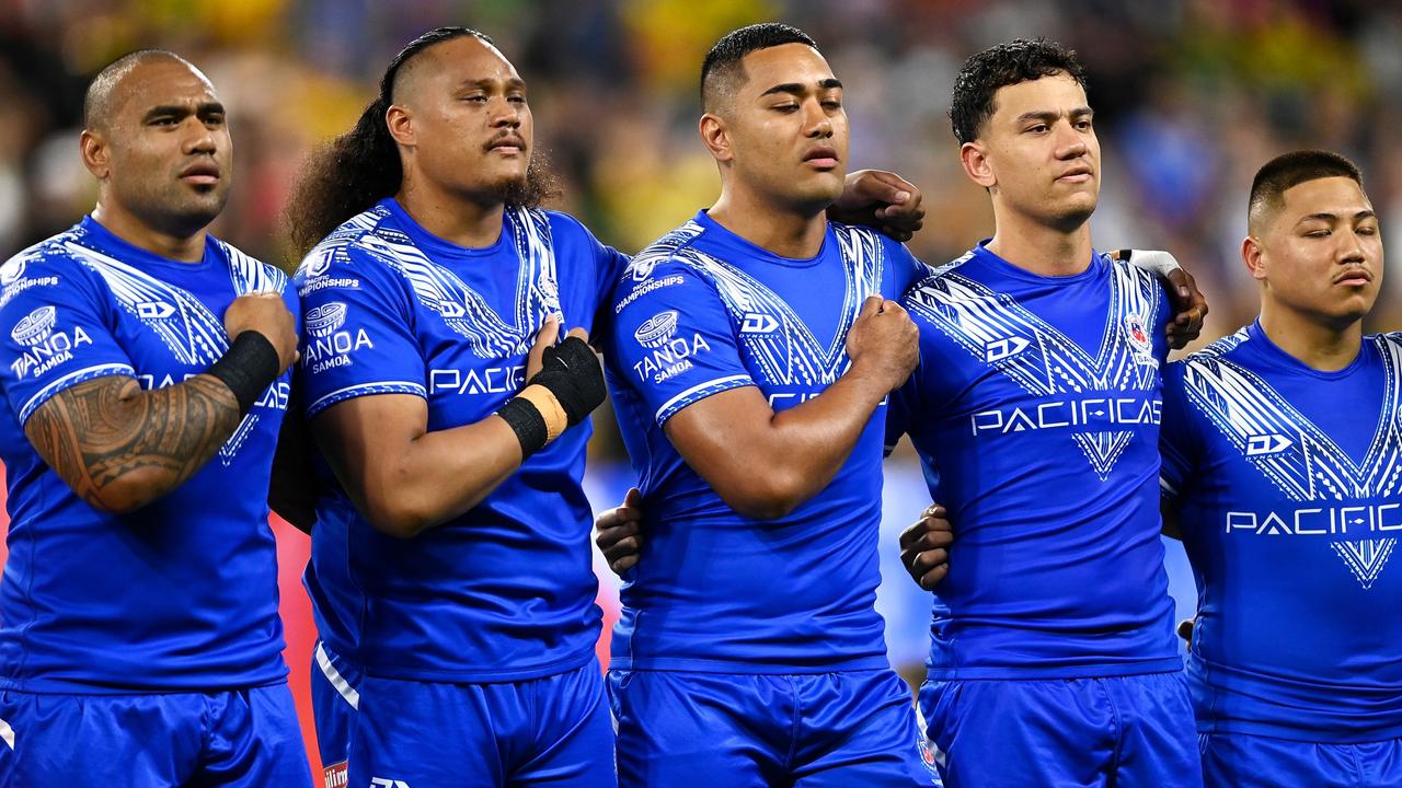 Several former rugby league players have criticised current Kangaroos for not singing the national anthem on the same night Samoan stars got emotional before the game. Picture: Ian Hitchcock/Getty Images