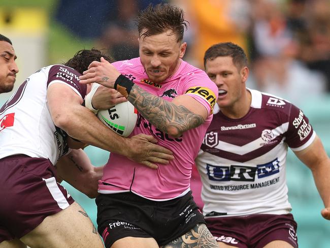 SYDNEY, AUSTRALIA - FEBRUARY 21:  Austin Dias of the Panthersis tackled during the 2025 NRL Pre-Season Challenge match between Manly Sea Eagles and Penrith Panthers at Leichhardt Oval on February 21, 2025 in Sydney, Australia. (Photo by Mark Metcalfe/Getty Images)