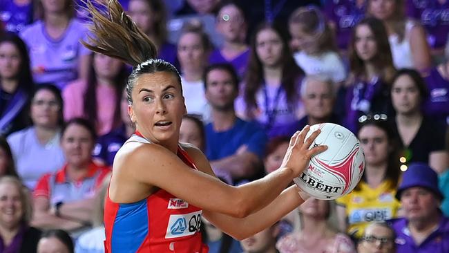 BRISBANE, AUSTRALIA - APRIL 28: Maddy Proud of the Swifts in action during the round three Super Netball match between Queensland Firebirds and NSW Swifts at Nissan Arena, on April 28, 2024, in Brisbane, Australia. (Photo by Albert Perez/Getty Images)