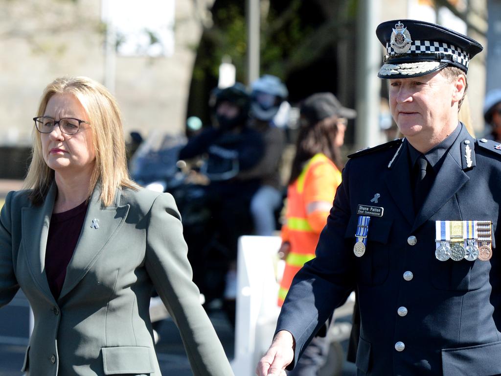 Victorian Premier Jacinta Allan and Chief Commissioner Shane Patton march to the Police Memorial for National Police Remembrance Day. Picture: Andrew Henshaw