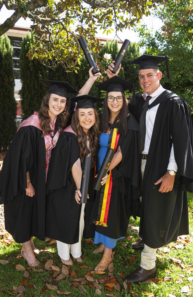 Celebrating graduating with a Bachelor of Education are (from left) Tanya Hearne, Kirby O'Shea, Hayley Lobwein and Jed Garratt at a UniSQ graduation ceremony at The Empire, Tuesday, October 29, 2024. Picture: Kevin Farmer