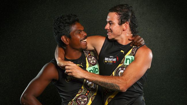 Uncle, nephew, mates, teammates. Maurice and Daniel Rioli shared a dream and now play AFL together. Picture: Michael Klein