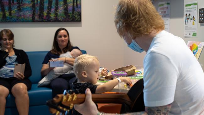 Ed Sheeran spent time with several patients at the hospital on Sunday. Picture: Sarah Motherwell from Children’s Health Queensland