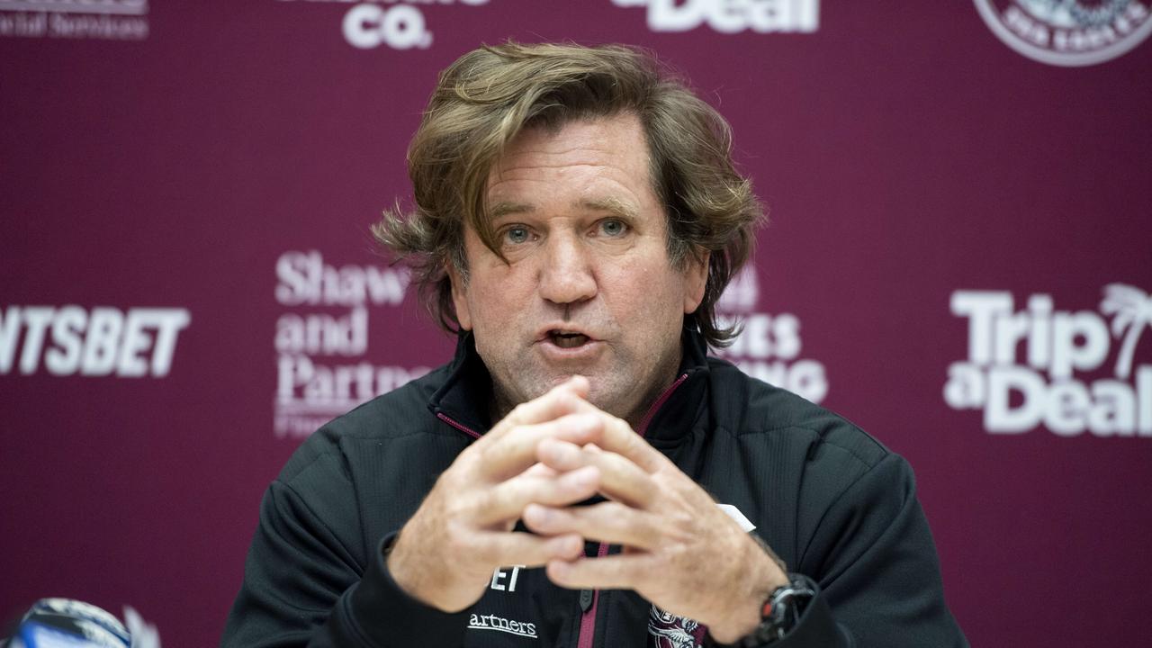 Coach Des Hasler pictured speaking at a press conference held inside the Sea Eagles Foundation Room at the new Centre of Excellence Building, Brookvale Oval. Picture: Daily Telegraph / Monique Harmer