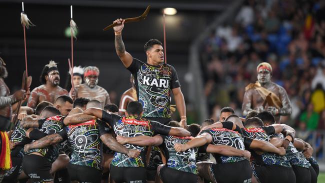 Latrell Mitchell leading the Indigenous All Stars war cry. Picture: Scott Davis/NRL Photos