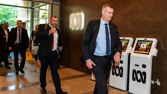 AFP officers arrive at the ABC’s Ultimo headquarters on Wednesday. Picture: Brendan Esposito/ABC News