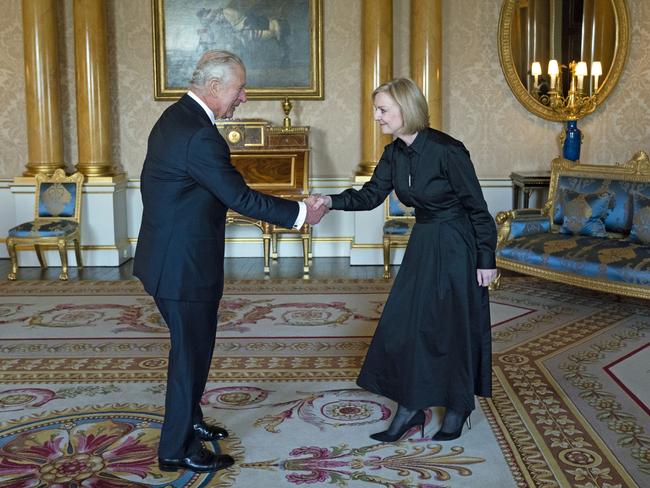 King Charles III receives UK Prime Minister Liz Truss in the 1844 Room at Buckingham Palace on September 18, 2022 in Londo. Picture: WPA Pool/Getty Images